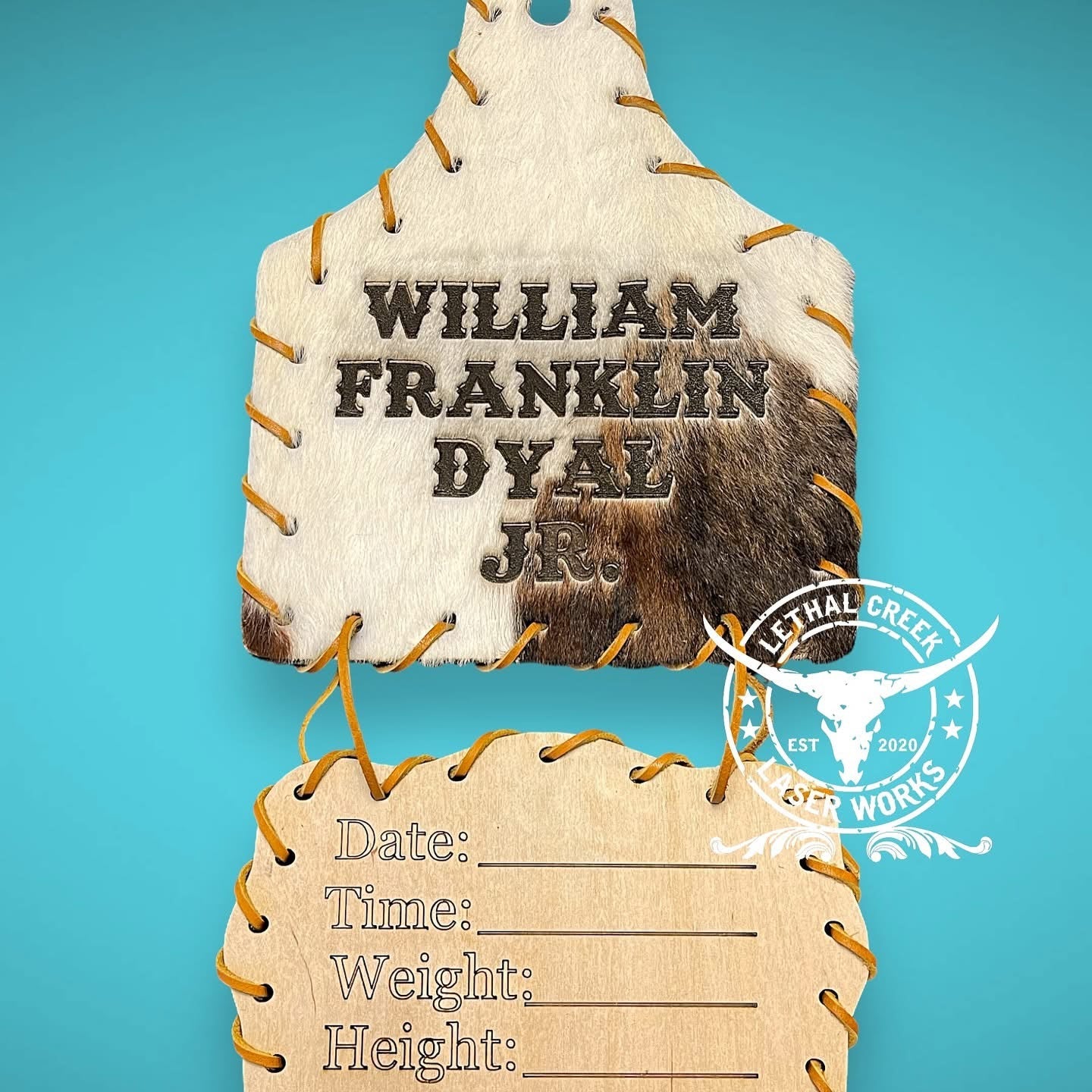 Personalized Baby Announcement Tag | Custom Western Newborn Photo Prop -  custom laser engraved cowhide and leather western decor by Lethal Creek Laser Works LLC