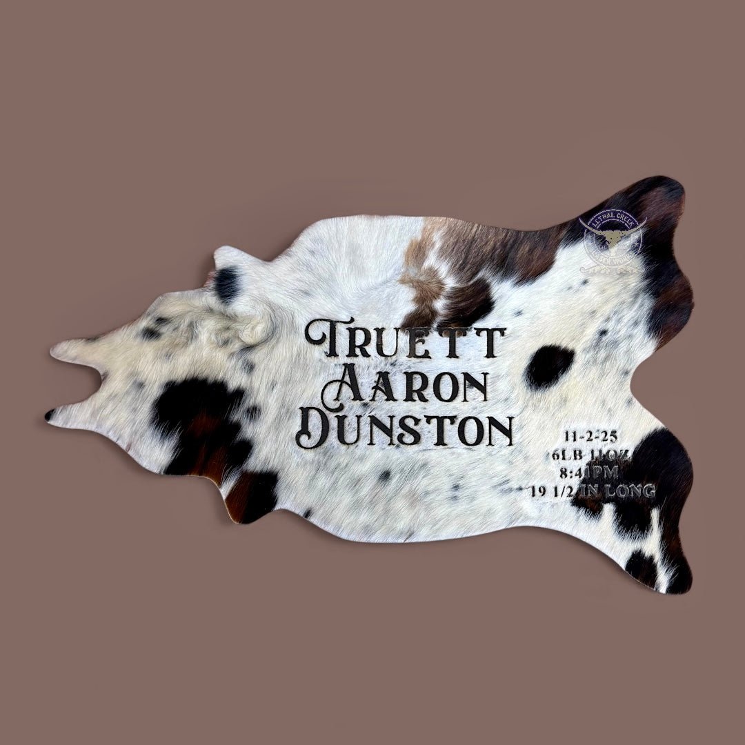 Personalized Baby Announcement Tag | Custom Western Newborn Photo Prop -  custom laser engraved cowhide and leather western decor by Lethal Creek Laser Works LLC