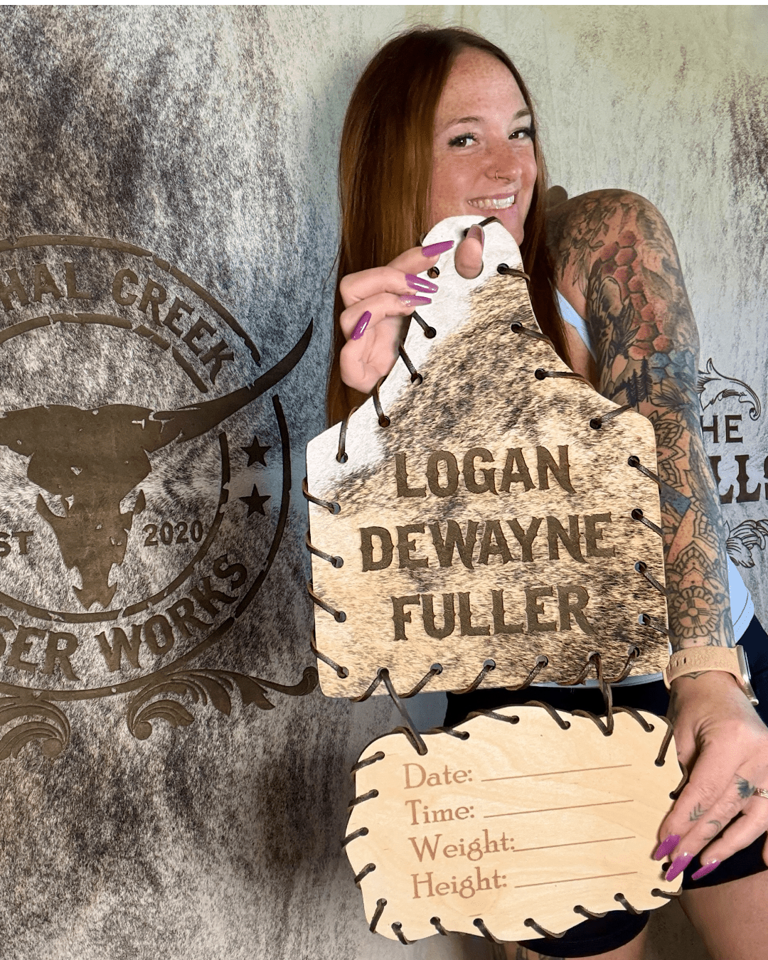 Personalized Baby Announcement Tag | Custom Western Newborn Photo Prop -  custom laser engraved cowhide and leather western decor by Lethal Creek Laser Works LLC