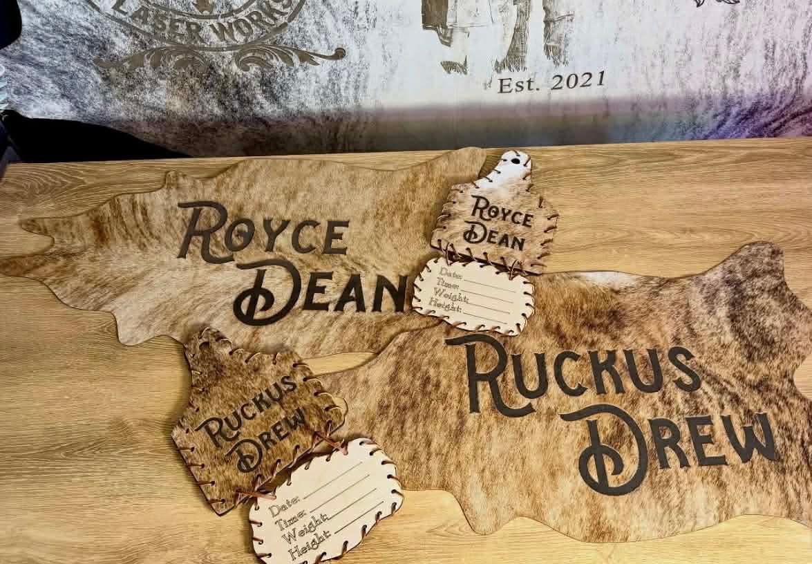 Personalized Baby Announcement Tag | Custom Western Newborn Photo Prop -  custom laser engraved cowhide and leather western decor by Lethal Creek Laser Works LLC