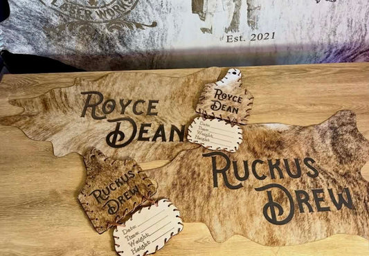 Personalized Baby Announcement Tag | Custom Western Newborn Photo Prop -  custom laser engraved cowhide and leather western decor by Lethal Creek Laser Works LLC