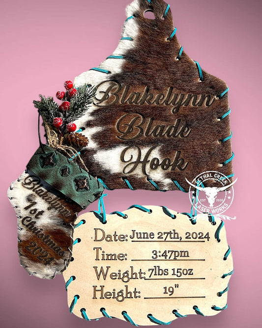 Personalized Baby Announcement Tag & Mini Stocking Keepsake Set -  custom laser engraved cowhide and leather western decor by Lethal Creek Laser Works LLC