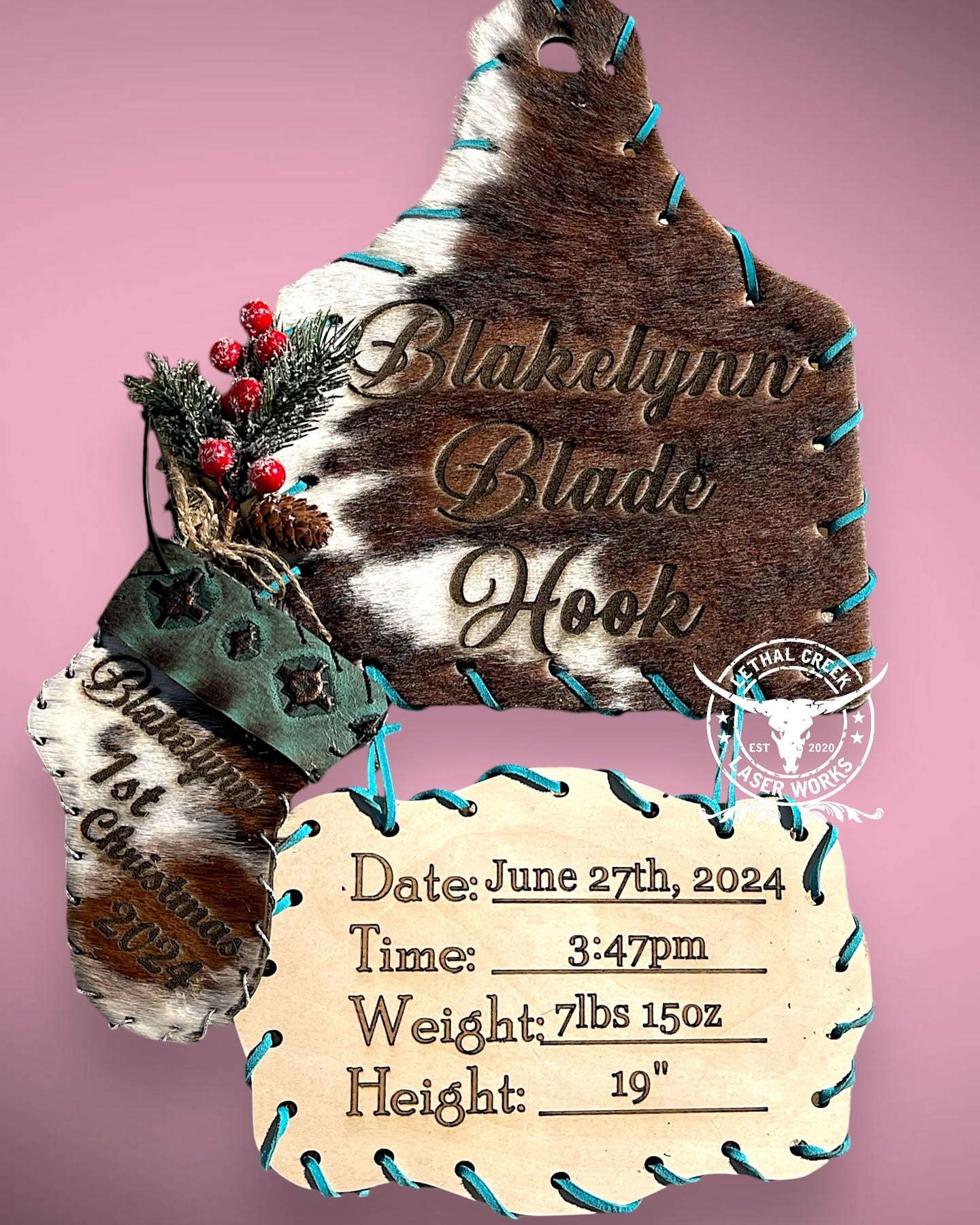 Personalized cowhide baby announcement tag and mini stocking keepsake with newborn birth details