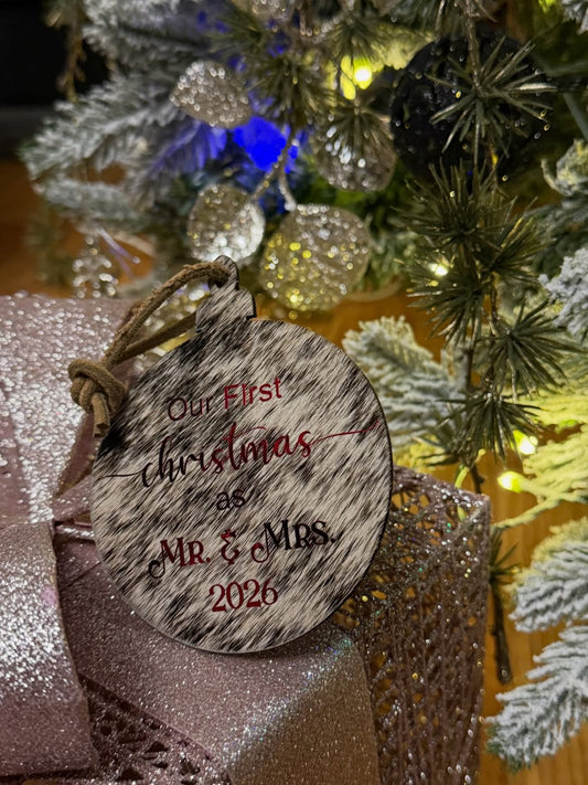 Personalized Cowhide Christmas Ornament | Full-Color Custom Western Ornament -  custom laser engraved cowhide and leather western decor by Lethal Creek Laser Works LLC