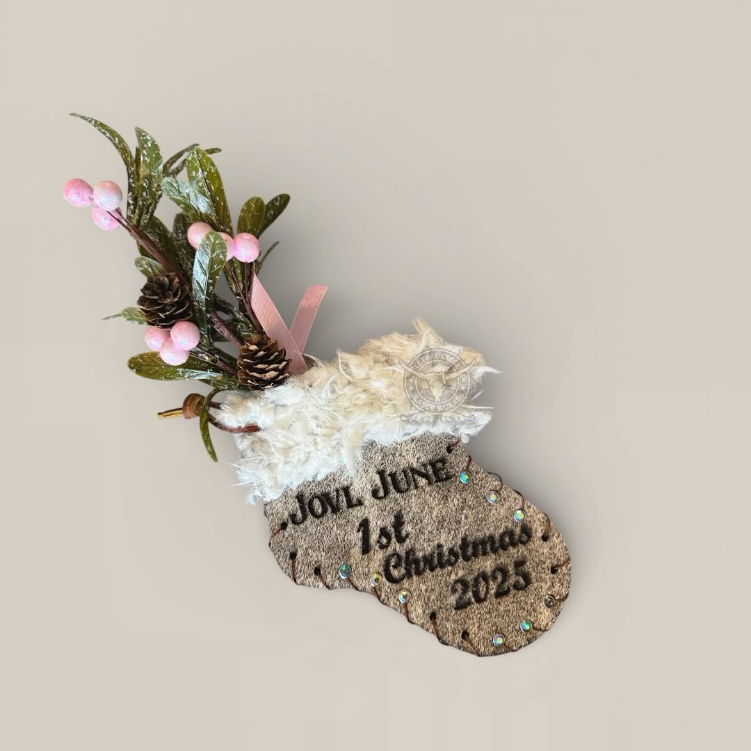 Personalized cowhide mini stocking Christmas ornament with custom family name and year