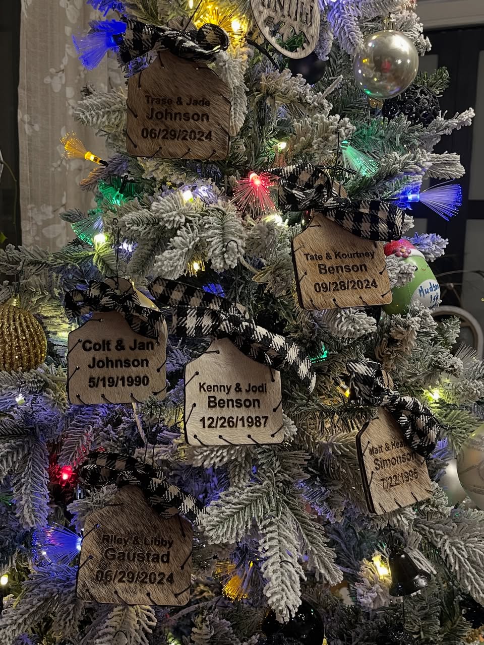 Custom western cow tag Christmas ornaments with brands, initials and black and white checkered bows