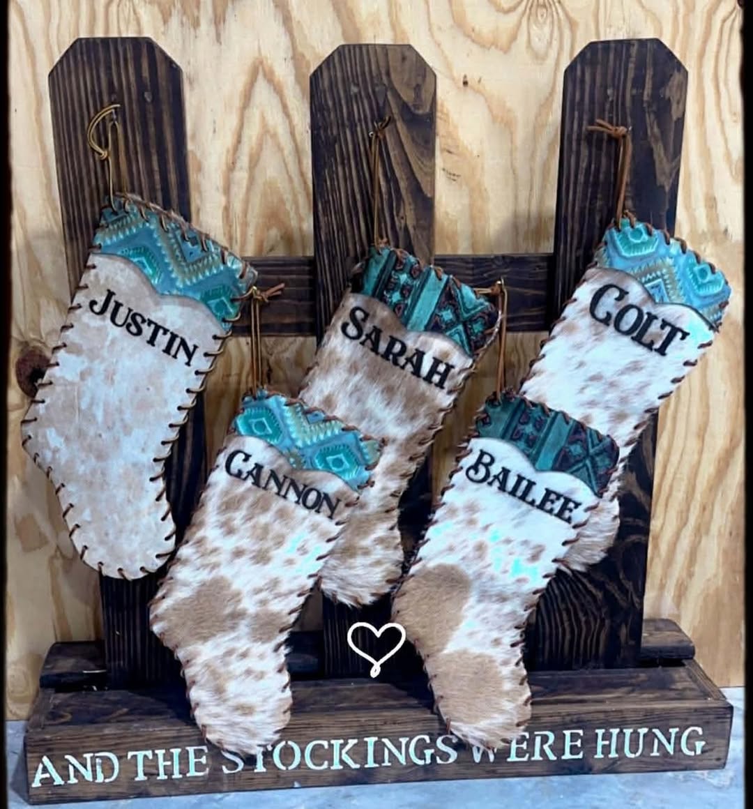 Personalized 16-inch cowhide Christmas stockings with names, leather accents and fur tops