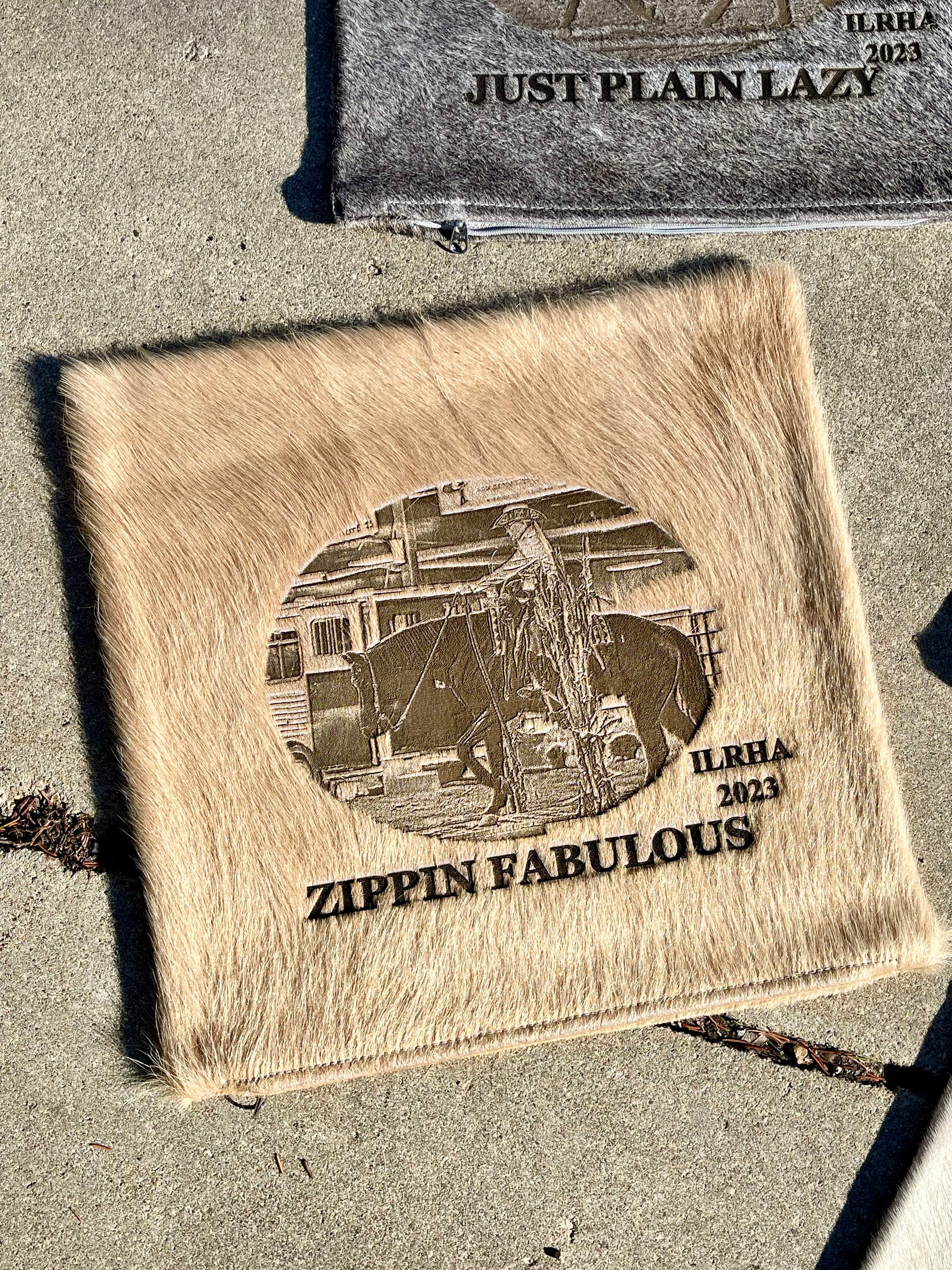 Personalized horse photo laser branded on genuine cowhide pillow case