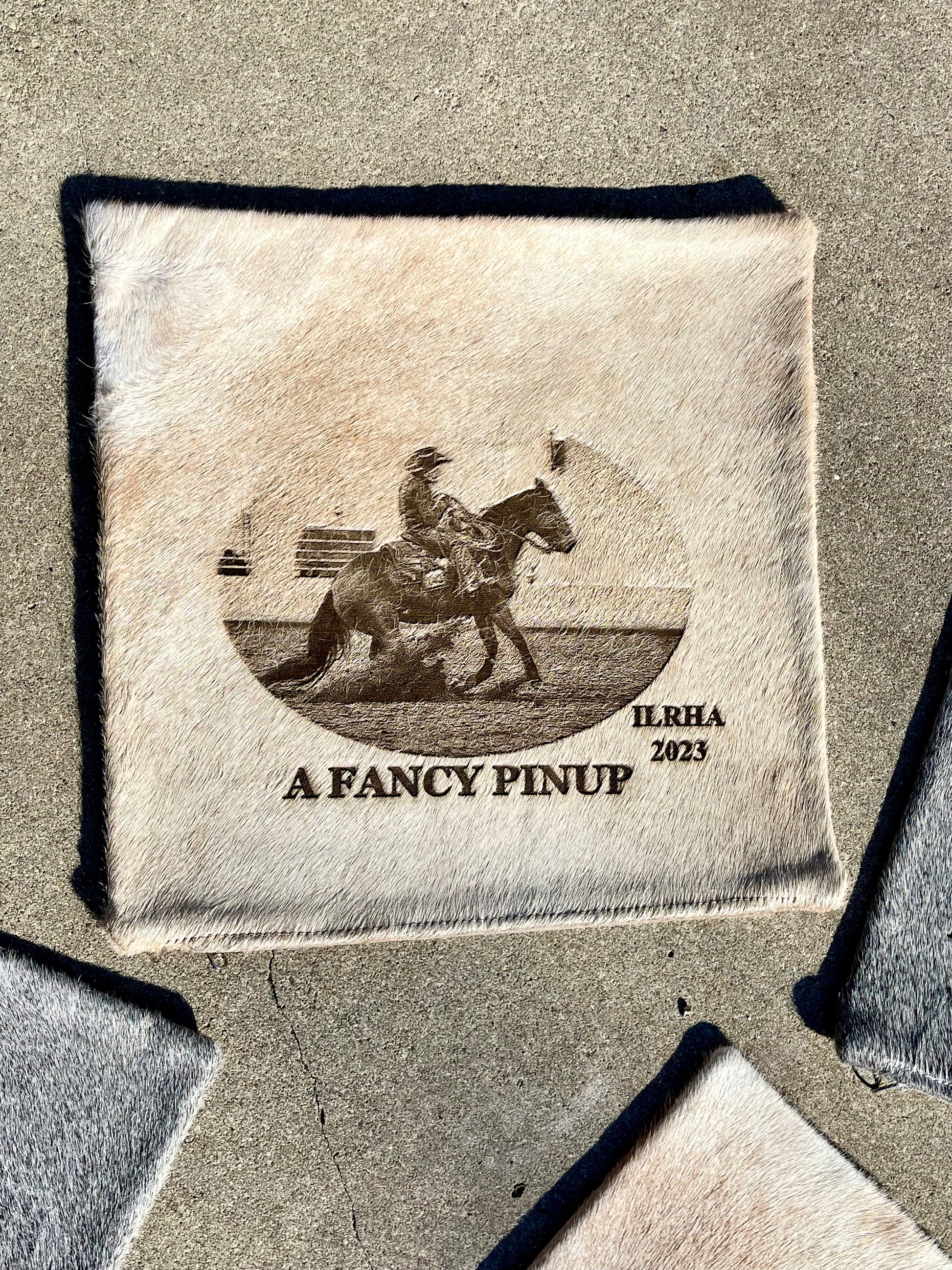 Personalized horse show award cowhide pillow case laser branded with horse and rider photo