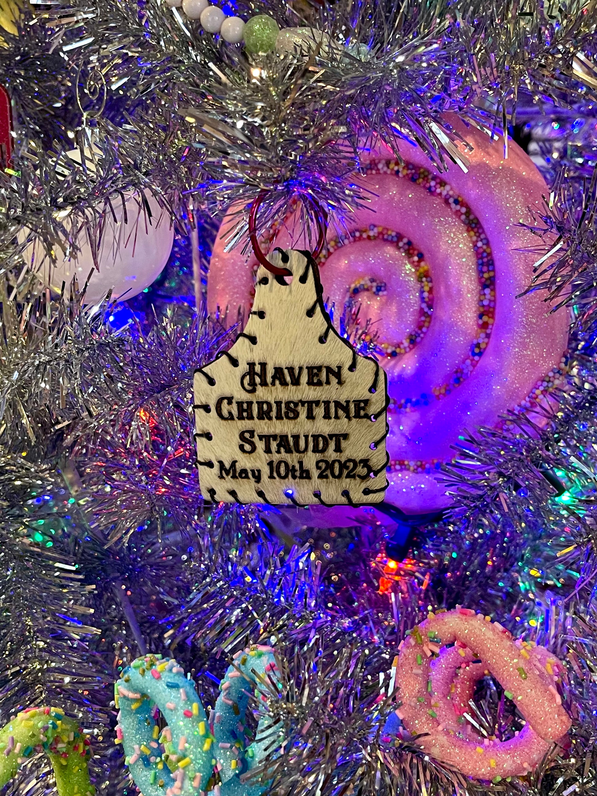 Personalized laser branded genuine cowhide Christmas ornament with name and birth date 
