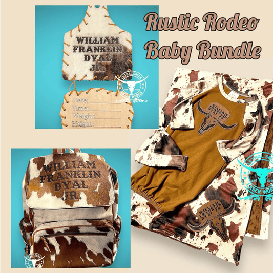 Personalized Rustic Rodeo Baby Bundle | Cowhide Diaper Bag Gift -  custom laser engraved cowhide and leather western decor by Lethal Creek Laser Works LLC