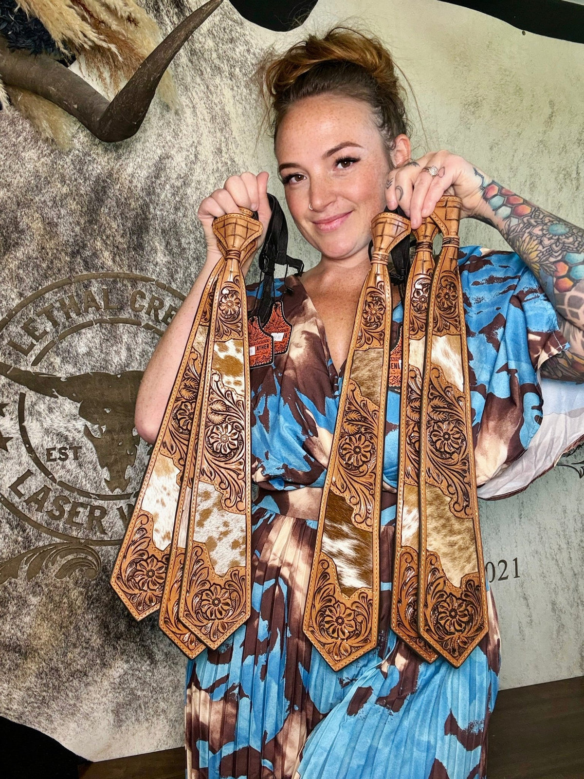 Personalized Tooled Leather & Cowhide Groom Tie | Western Wedding -  custom laser engraved cowhide and leather western decor by Lethal Creek Laser Works LLC