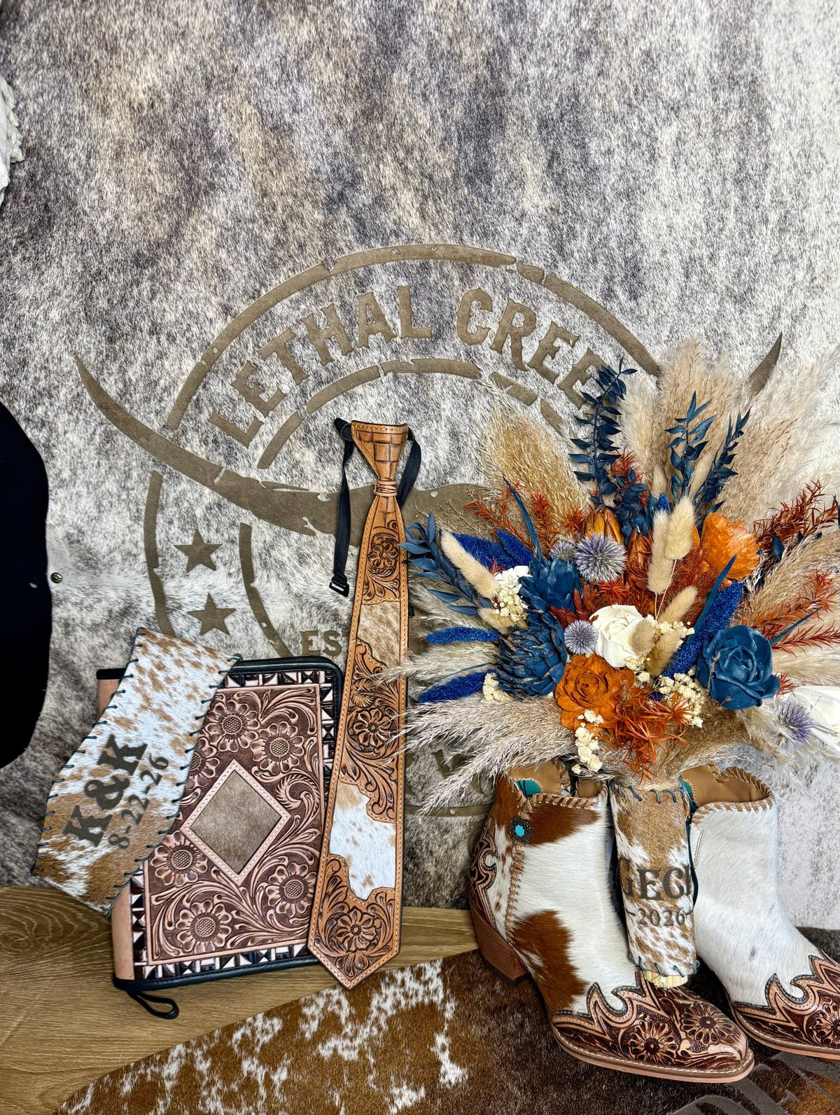 Personalized Tooled Leather & Cowhide Groom Tie | Western Wedding -  custom laser engraved cowhide and leather western decor by Lethal Creek Laser Works LLC