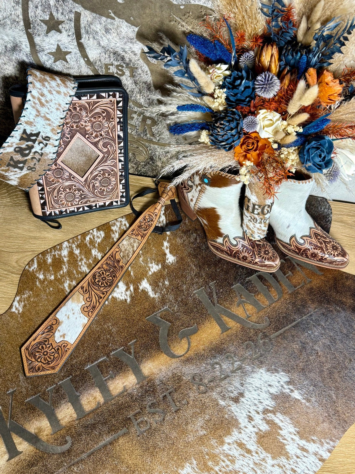 Personalized Tooled Leather & Cowhide Groom Tie | Western Wedding -  custom laser engraved cowhide and leather western decor by Lethal Creek Laser Works LLC