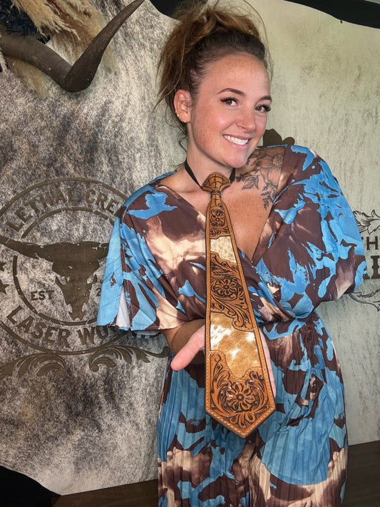 Personalized Tooled Leather & Cowhide Groom Tie | Western Wedding -  custom laser engraved cowhide and leather western decor by Lethal Creek Laser Works LLC