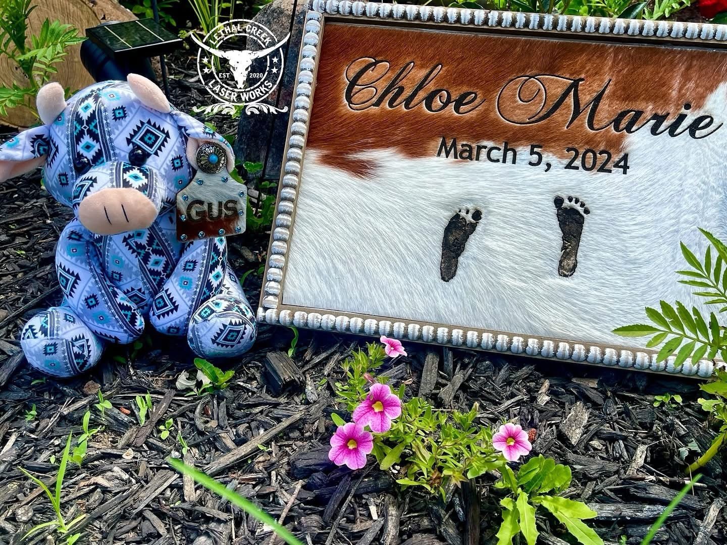 PHOTO BRANDED FOOTPRINT DECOR -  custom laser engraved cowhide and leather western decor by Lethal Creek Laser Works LLC