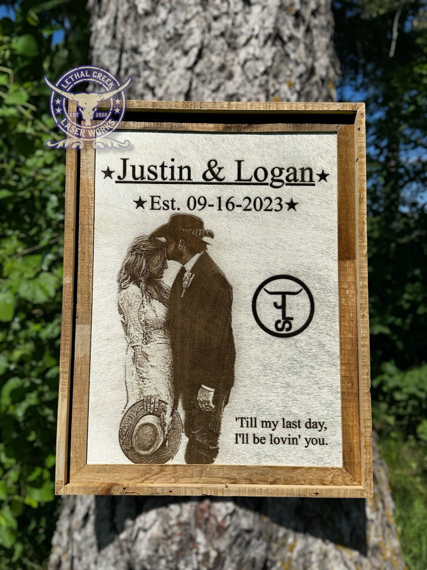 PHOTO BRANDED FRAME -  custom laser engraved cowhide and leather western decor by Lethal Creek Laser Works LLC