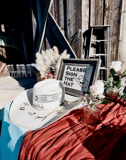 Please Sign the Hat Frame | Western Cowboy Hat Wedding Sign -  custom laser engraved cowhide and leather western decor by Lethal Creek Laser Works LLC