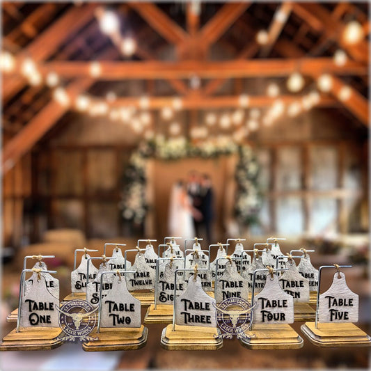 Rustic Cowhide Wedding Table Numbers | Custom Western Table Numbers for Ranch Weddings -  custom laser engraved cowhide and leather western decor by Lethal Creek Laser Works LLC