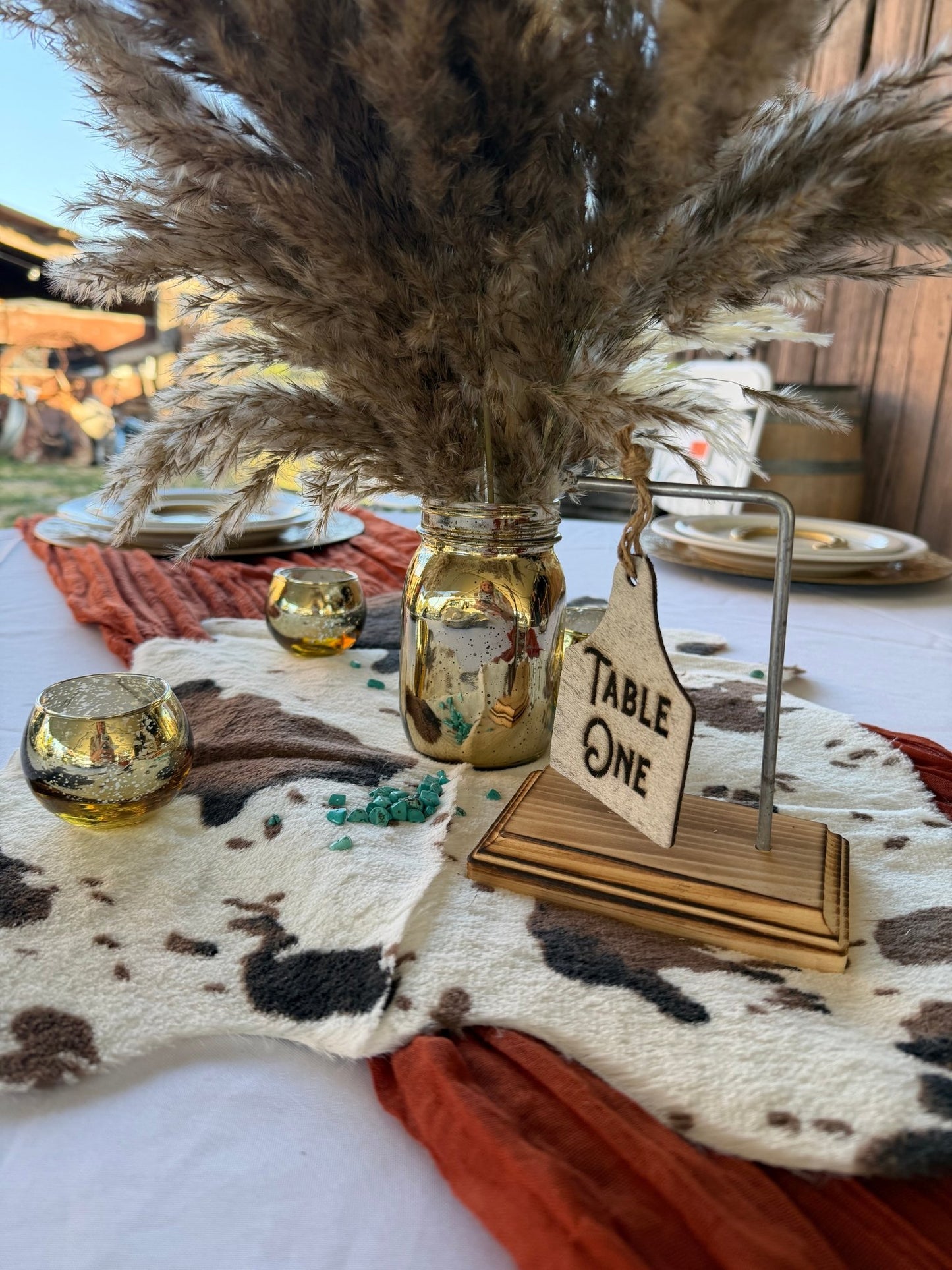 Rustic Cowhide Wedding Table Numbers | Custom Western Table Numbers for Ranch Weddings -  custom laser engraved cowhide and leather western decor by Lethal Creek Laser Works LLC