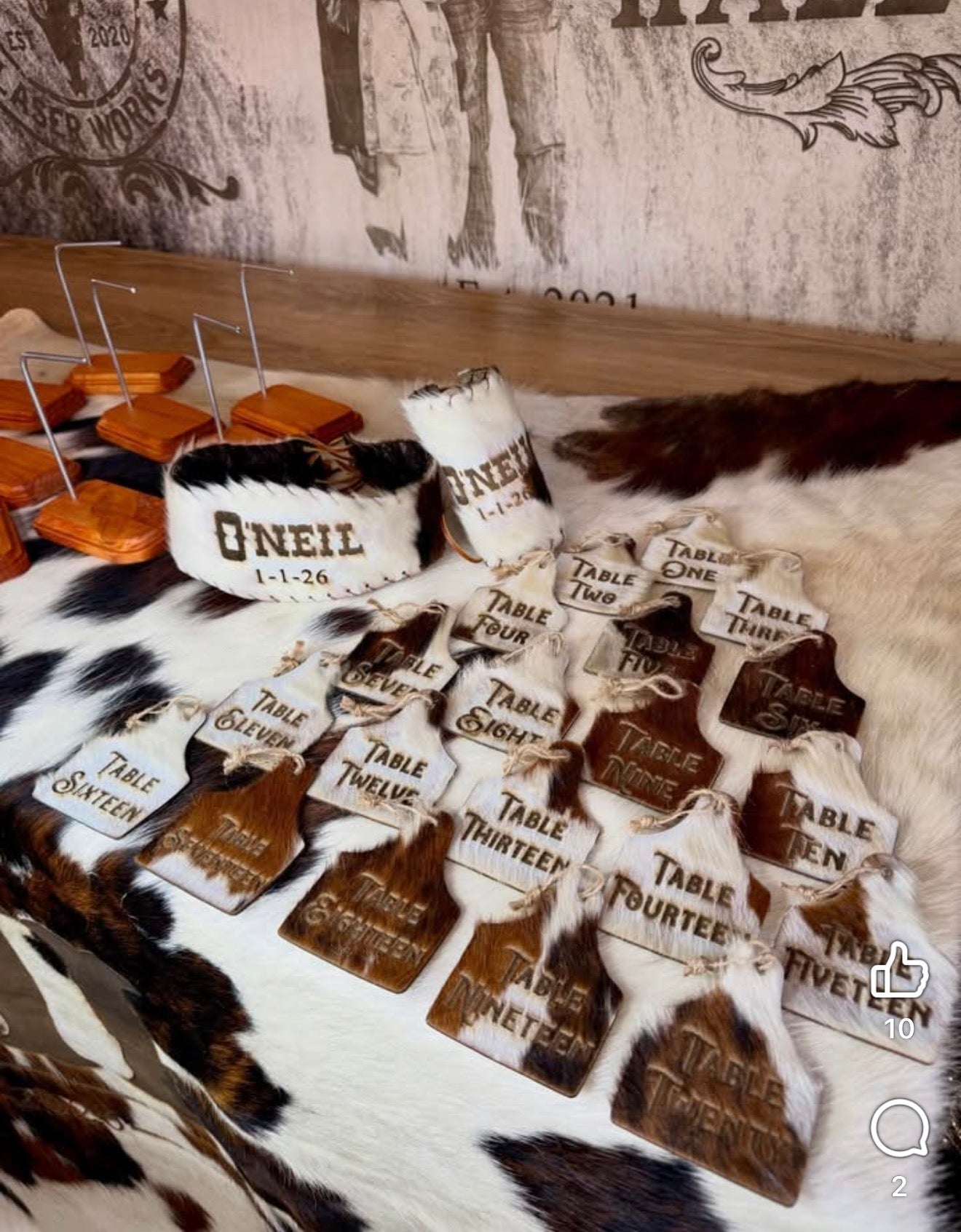 Rustic Cowhide Wedding Table Numbers | Custom Western Table Numbers for Ranch Weddings -  custom laser engraved cowhide and leather western decor by Lethal Creek Laser Works LLC