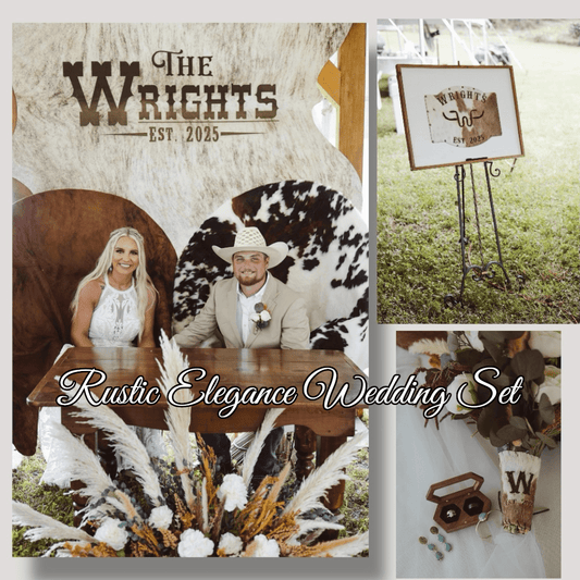 Rustic Elegance Wedding Set -  custom laser engraved cowhide and leather western decor by Lethal Creek Laser Works LLC
