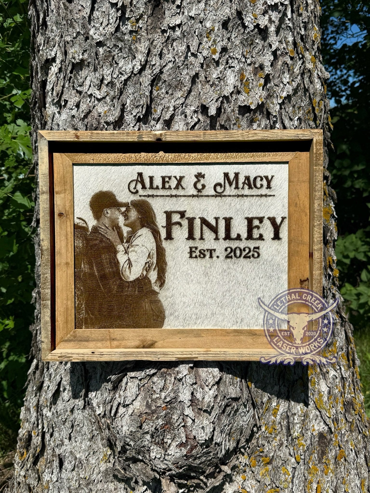 RUSTIC PHOTO BRANDED FRAME -  custom laser engraved cowhide and leather western decor by Lethal Creek Laser Works LLC