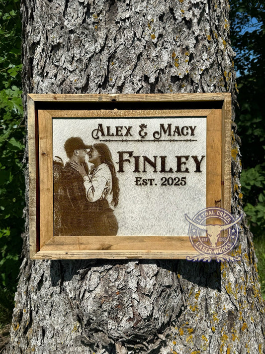 RUSTIC PHOTO BRANDED FRAME -  custom laser engraved cowhide and leather western decor by Lethal Creek Laser Works LLC