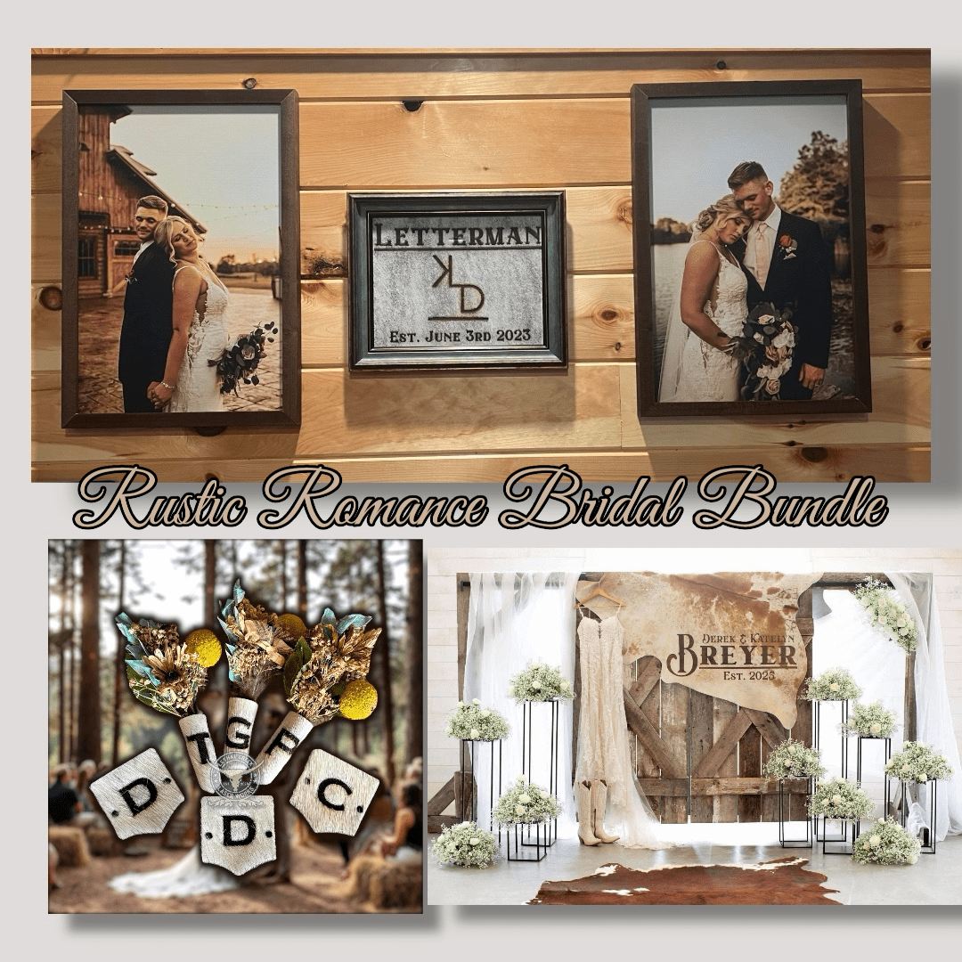 Rustic Romance Bridal Bundle -  custom laser engraved cowhide and leather western decor by Lethal Creek Laser Works LLC