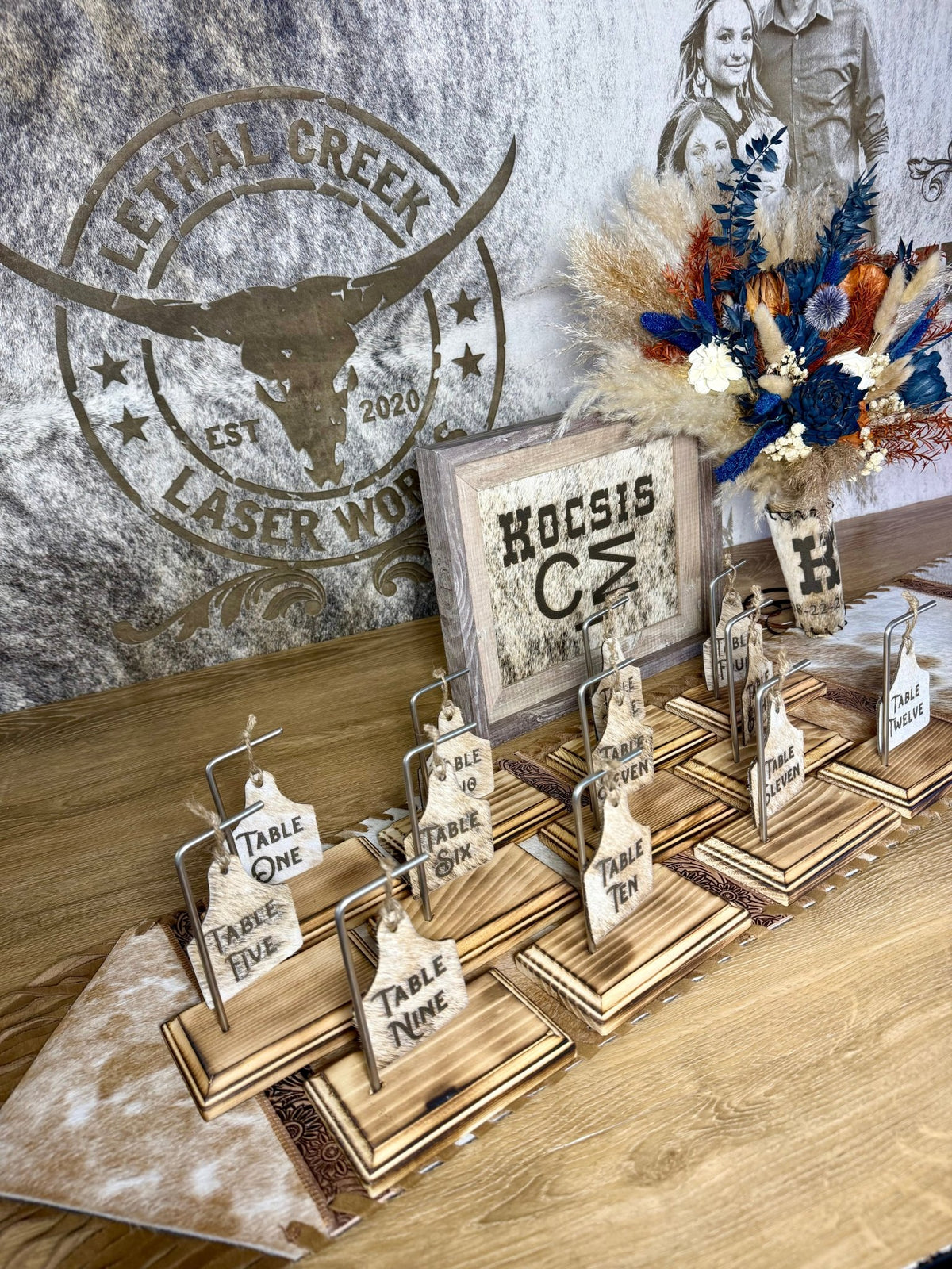 Rustic Wedding Table Numbers & Personalized Wedding Frame | Western Wedding Decor -  custom laser engraved cowhide and leather western decor by Lethal Creek Laser Works LLC