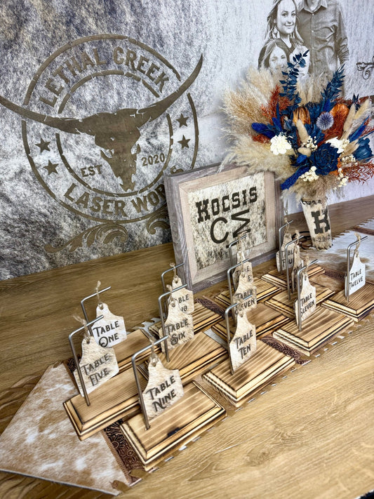 Rustic Wedding Table Numbers & Personalized Wedding Frame | Western Wedding Decor -  custom laser engraved cowhide and leather western decor by Lethal Creek Laser Works LLC