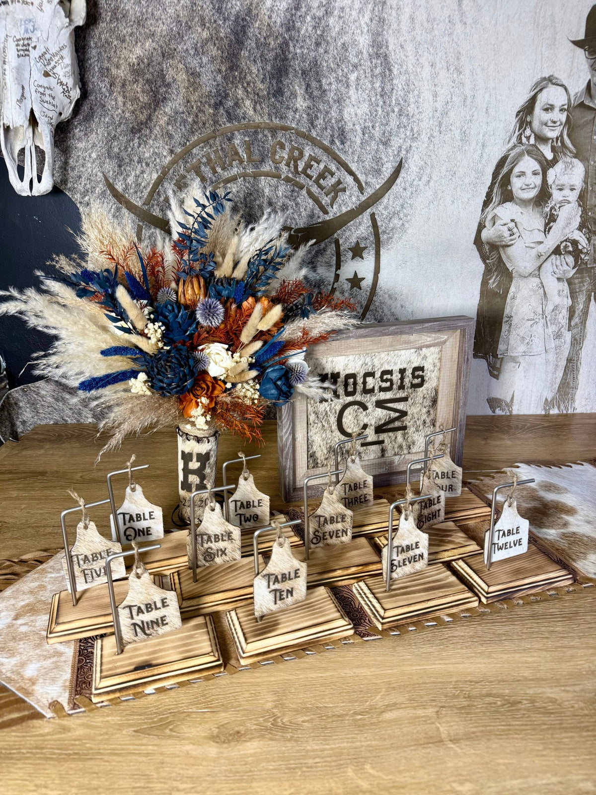 Rustic Wedding Table Numbers & Personalized Wedding Frame | Western Wedding Decor -  custom laser engraved cowhide and leather western decor by Lethal Creek Laser Works LLC