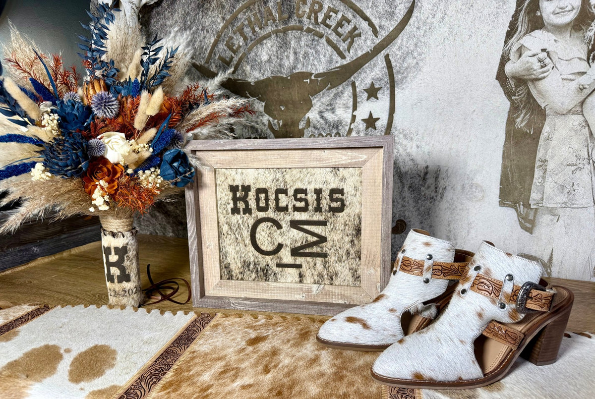Rustic Wedding Table Numbers & Personalized Wedding Frame | Western Wedding Decor -  custom laser engraved cowhide and leather western decor by Lethal Creek Laser Works LLC