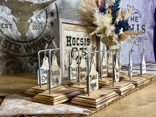 Rustic Wedding Table Numbers & Personalized Wedding Frame | Western Wedding Decor -  custom laser engraved cowhide and leather western decor by Lethal Creek Laser Works LLC