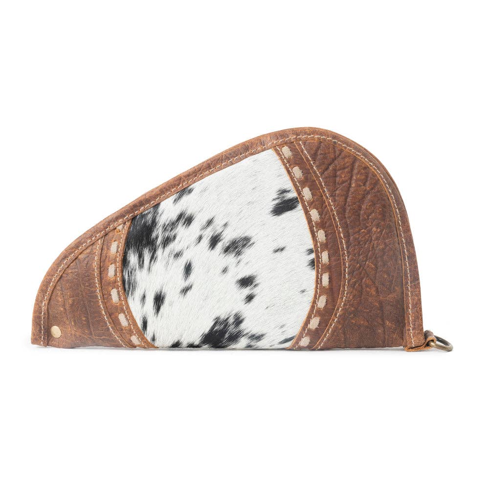 Rustler’s Range Hairon Leather Gun Case in Rustic Tan -  custom laser engraved cowhide and leather western decor by Lethal Creek Laser Works LLC