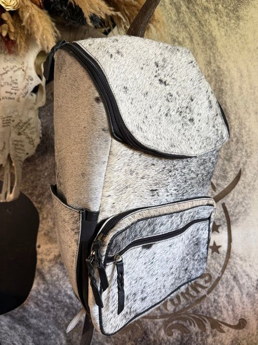 Salt & Pepper Cowhide Western Backpack -  custom laser engraved cowhide and leather western decor by Lethal Creek Laser Works LLC