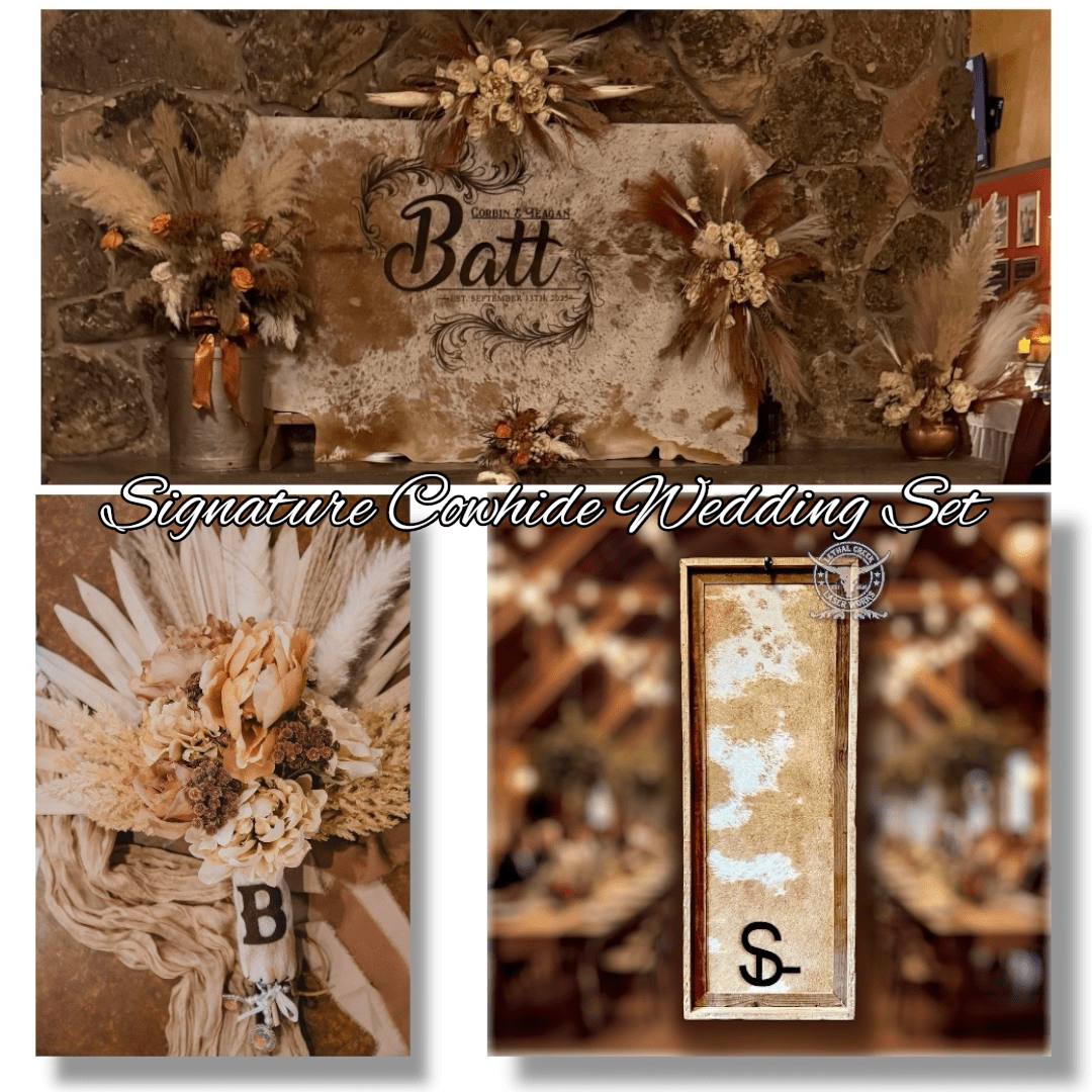 Signature Cowhide Wedding Set -  custom laser engraved cowhide and leather western decor by Lethal Creek Laser Works LLC