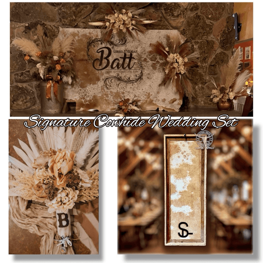 Signature Cowhide Wedding Set -  custom laser engraved cowhide and leather western decor by Lethal Creek Laser Works LLC