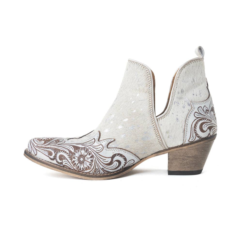 Starlit Range Handtooled Leather Booties in Frosted Mist -  custom laser engraved cowhide and leather western decor by Lethal Creek Laser Works LLC