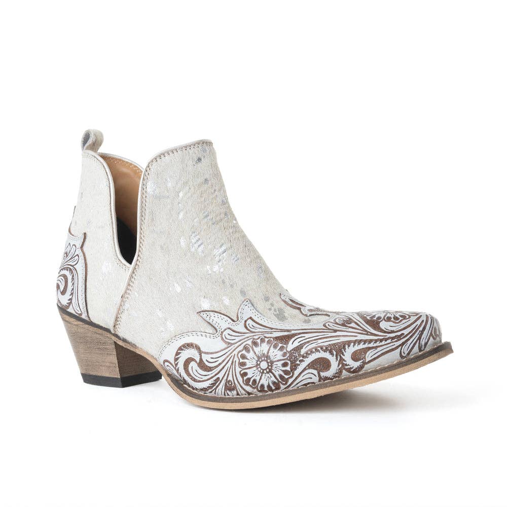Starlit Range Handtooled Leather Booties in Frosted Mist -  custom laser engraved cowhide and leather western decor by Lethal Creek Laser Works LLC
