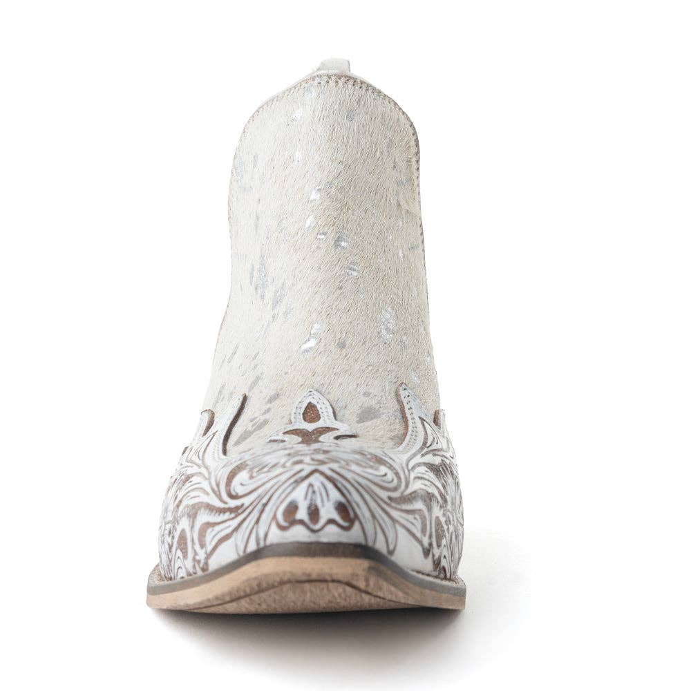 Starlit Range Handtooled Leather Booties in Frosted Mist -  custom laser engraved cowhide and leather western decor by Lethal Creek Laser Works LLC