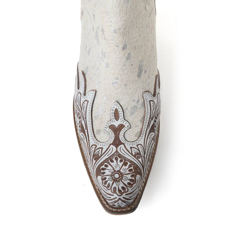 Starlit Range Handtooled Leather Booties in Frosted Mist -  custom laser engraved cowhide and leather western decor by Lethal Creek Laser Works LLC