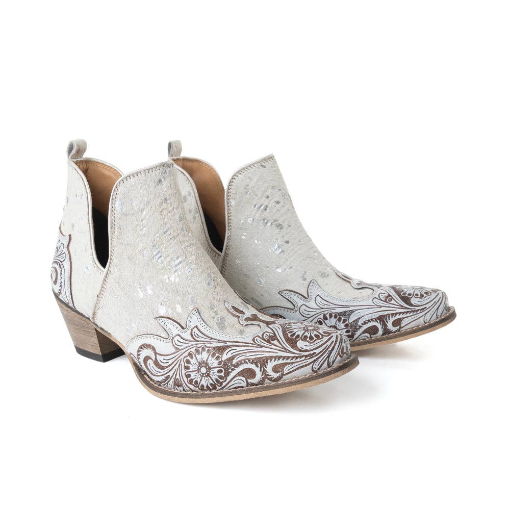 Starlit Range Handtooled Leather Booties in Frosted Mist -  custom laser engraved cowhide and leather western decor by Lethal Creek Laser Works LLC