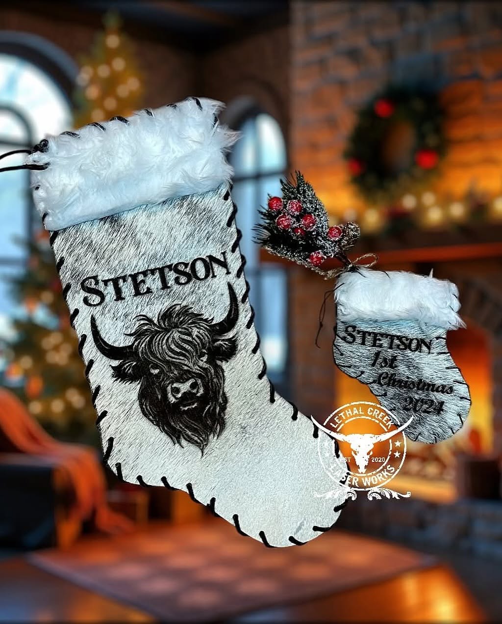 Personalized Stetson cowhide Christmas stocking with western cattle design and soft fur top