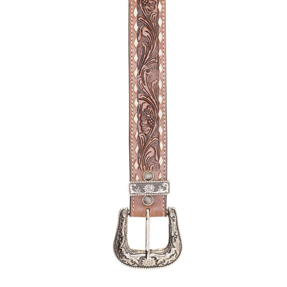 Talavera Handtooled Leather Belt for Women in Ember -  custom laser engraved cowhide and leather western decor by Lethal Creek Laser Works LLC