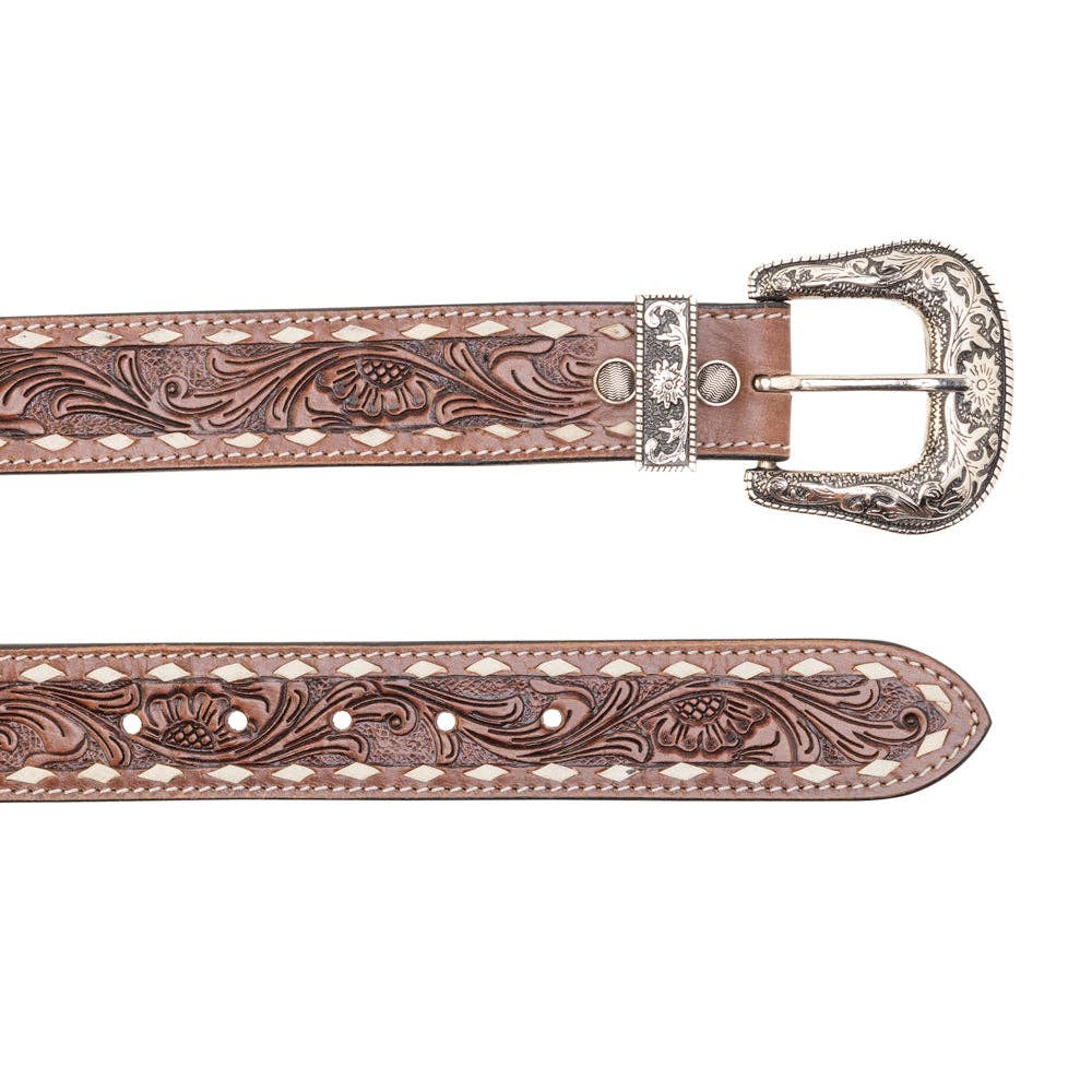Talavera Handtooled Leather Belt for Women in Ember -  custom laser engraved cowhide and leather western decor by Lethal Creek Laser Works LLC