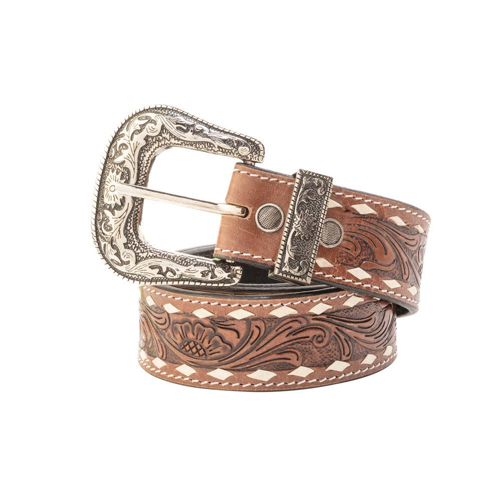 Talavera Handtooled Leather Belt for Women in Ember -  custom laser engraved cowhide and leather western decor by Lethal Creek Laser Works LLC