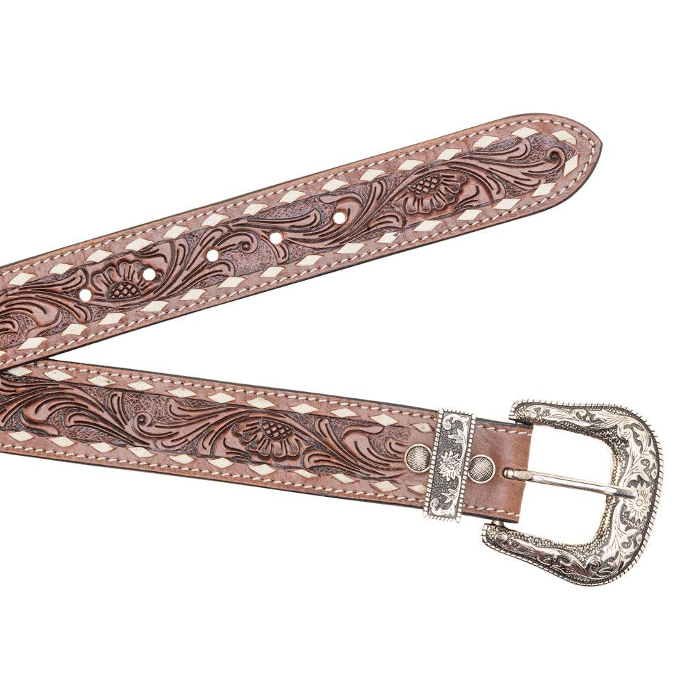 Talavera Handtooled Leather Belt for Women in Ember -  custom laser engraved cowhide and leather western decor by Lethal Creek Laser Works LLC
