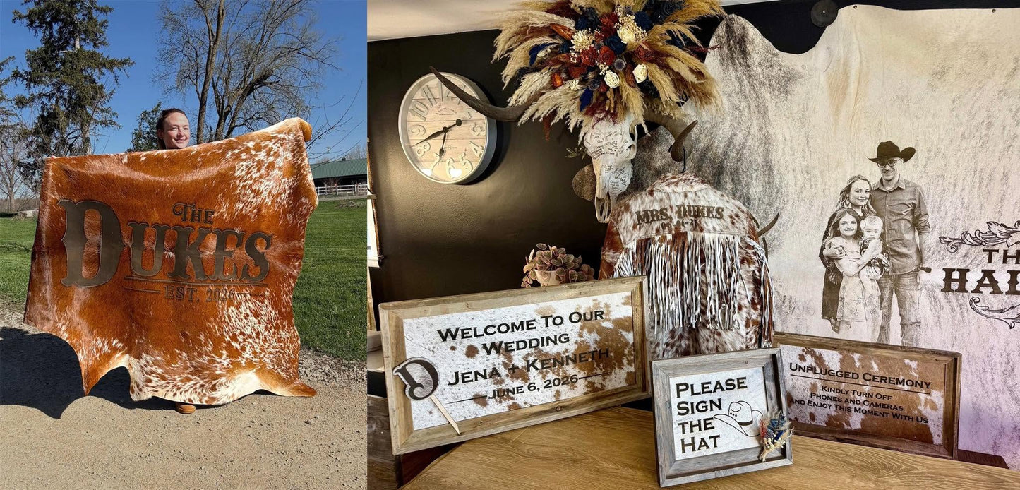 The Heirloom Wedding Experience -  custom laser engraved cowhide and leather western decor by Lethal Creek Laser Works LLC