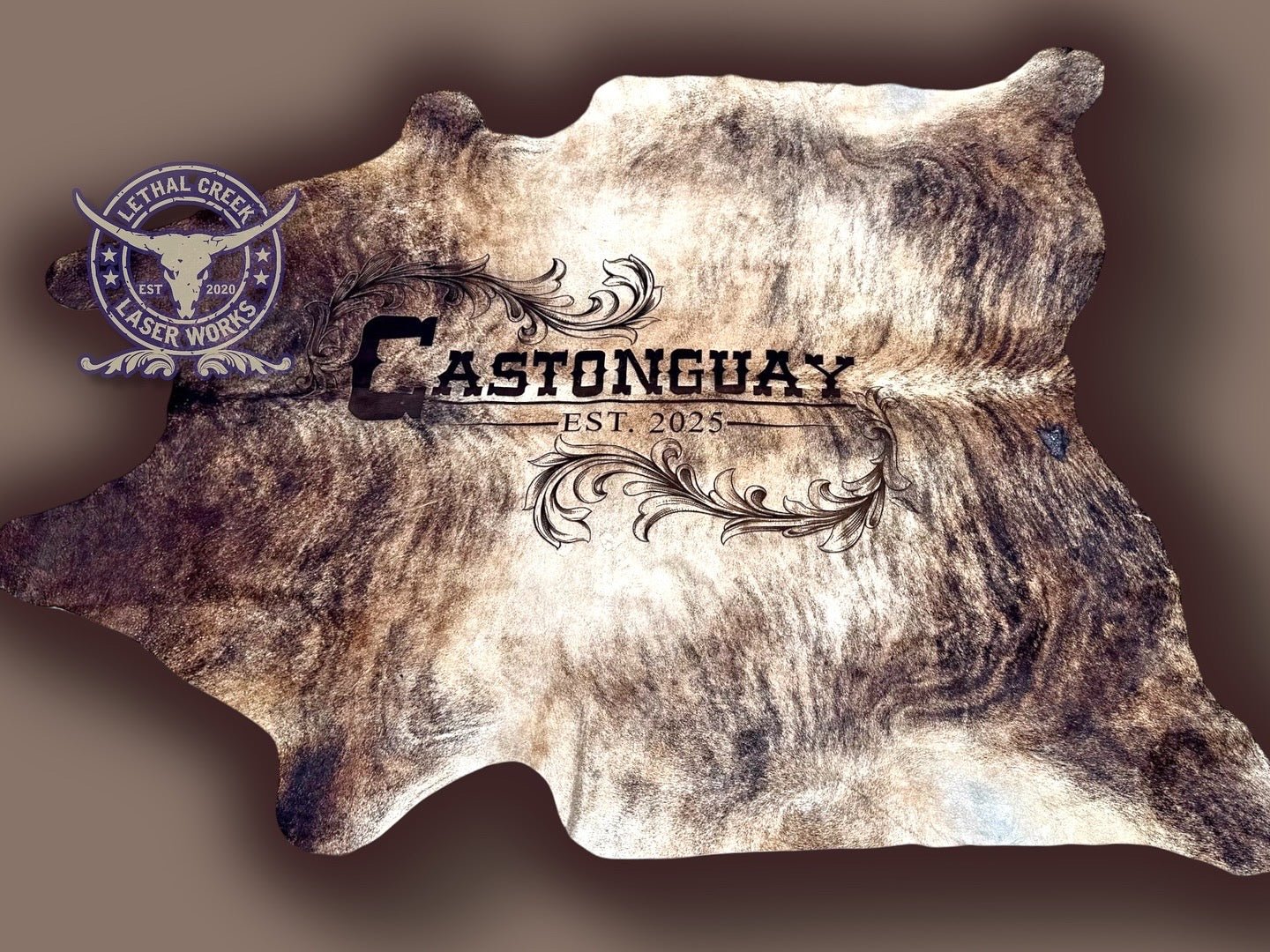 The Legacy Custom Cowhide -  custom laser engraved cowhide and leather western decor by Lethal Creek Laser Works LLC
